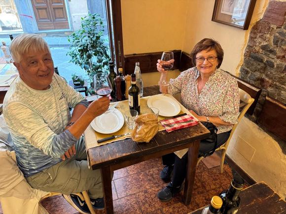 Enjoying our Chianti wine.