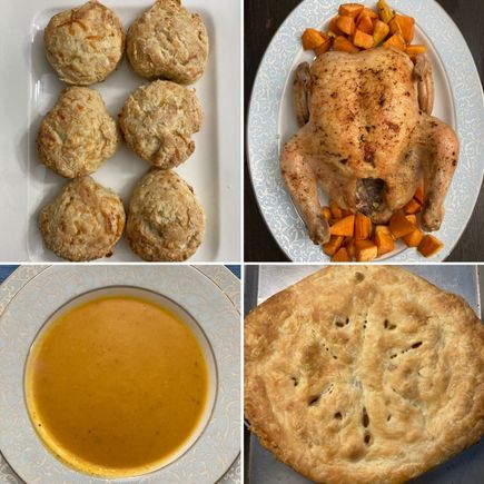 Clockwise from top left: 
Cheddar biscuits; roasted chicken; apple and pear pie; creamy pumpkin soup 