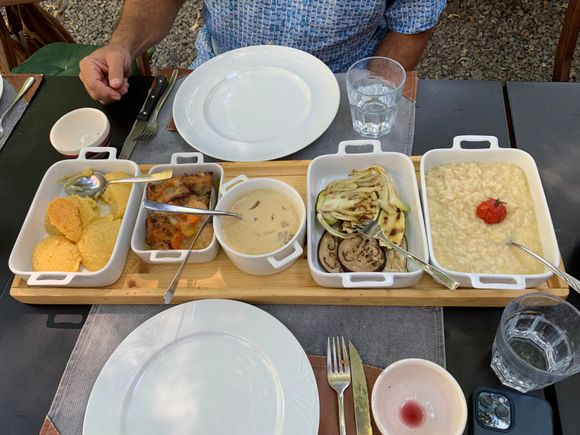 Main course, veggies, risotto, polenta and a mushroom cream sauce.