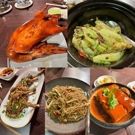 Clockwise from top left- Peking duck, braised veggies, double cooked pork, noodles with duck meat, lamb chops