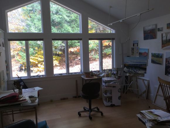 This is  a little glimpse of the North wall of the Studio.
This room is the new part we designed and added when we moved here 16 years ago. It attaches to a pre-existing former bedroom that became the classroom part of the studio.