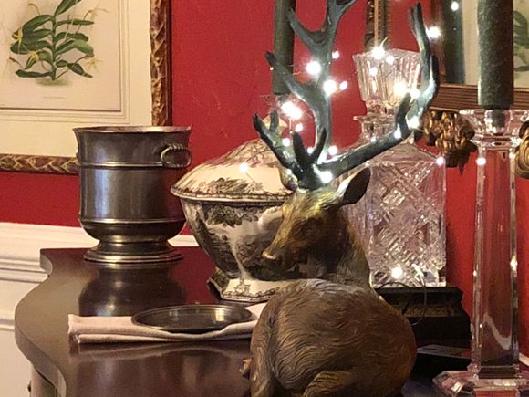 
Smaller auxiliary deer on sideboard.  Tureen is terrible way to serve soup imo  but love using it.