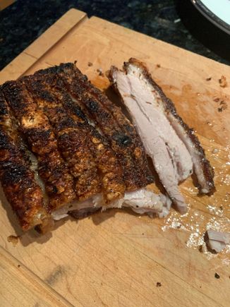 It’s not as dark as it looks.  The paprika colour makes it look darker.  Crackling was great! 