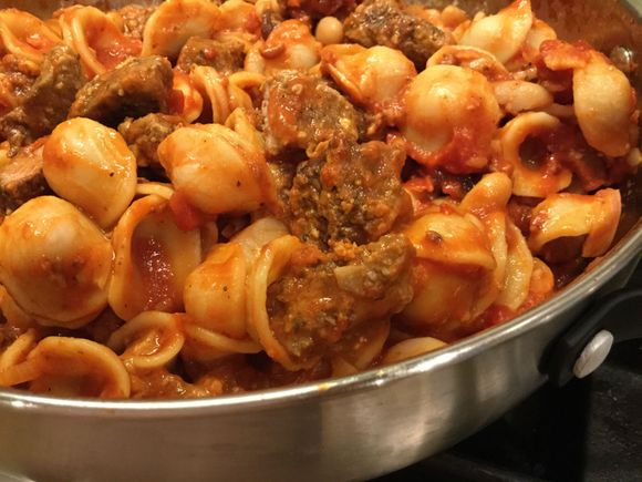 
Combined leftover kabobs and pasta for leftovers