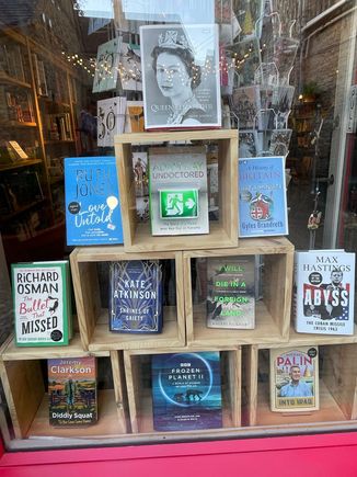 A bookstore window in the Cotswolds. I want to read most of these books now. 