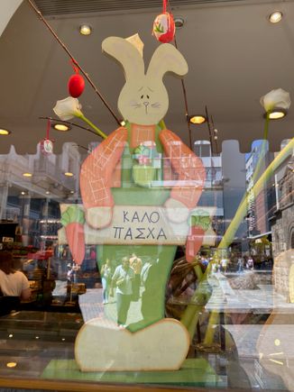 We were in Athens shortly before Orthodox Easter and there were plenty of Easter eggs and rabbits in the bakeries!