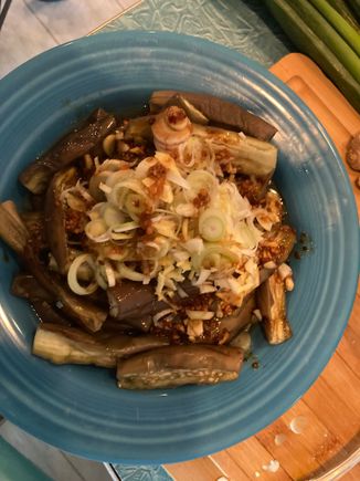 I finally made the eggplant and it was really delicios. I added some tofu for protein, which actually worked.
I will consider ground  pork the next time.

I cut the chile crisp by 2/3 and my wife found it effect. I added more to mine but not the full amount. I’m so glad I used it instead of plain chili oil, so much more complex. This was a great dish. 

It also had a method I’ve never used before or for that matter seen. The ginger, garlic and scallions  are chopped fine and piled on   

