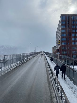 Leaving Tromso. On the Tromso Bridge again.
