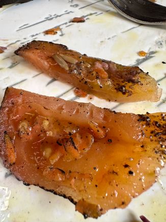 This is a close up of that peeled and roasted tomato..I'mm guessing it was roasted at low temperature.....I will certainly order it again and try to find out more....I could go here just for their salads!!