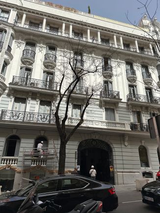 I'm almost certain that this building, under renovation, is on Calle Ayala just east of Serrano.