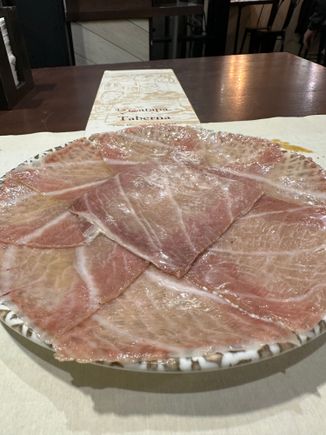 Plate of JAMON DE MAR..salazon of red (bluefin) tuna.