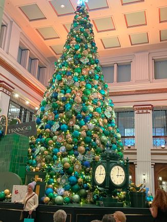 This was downtown Chicago on Thursday. The famous My Chicago day on Thursday. Macy’s Christmas tree in the very famous Walnut Room restaurant. . This all screams Chicago. This used to be Marshall Fields and the tree was decorated as an ode to Marshall Fields this year. It’s the most beautiful department store and it is etched into my childhood memories. I had chicken pot pie there—again it’s famous. ( and good). 