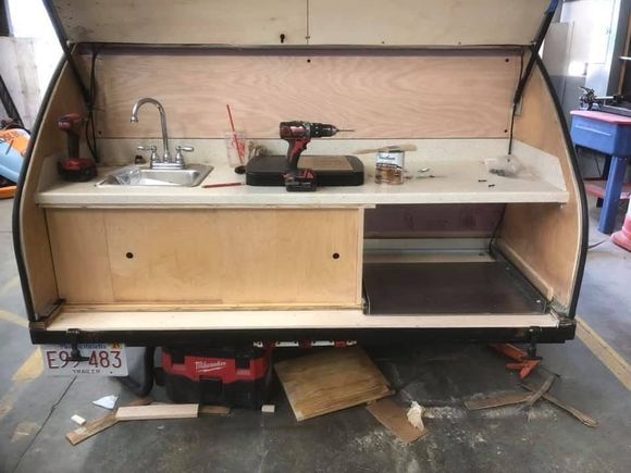 Construction of teardrop camper kitchen.