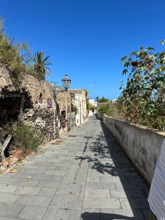 The lane from our hotel to "downtown" Malfa, which consists of one main street, a few blocks long.   Malfa is but one town on Salina; the largest is Santa Maria Salina, the main port.   A bus runs around the island and seems to run about once an hour...