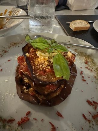 Eggplant parmigiana appetizer.....note the huge size...enough to fill me up; we passed around our dishes so all could have a taste.  Benefit of go8ing with a party larger than two.