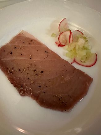 Second amuse:  FANTASTIC smoked tuna slice, served with bruschetta......superb!   Reminded me that I had brought home smoked tuna from Barbate, Spain, not expired but still languishing in my refrigerator in New York.....I will use in a sandwich, with a condiment to be determined.....if you find this at a food shop, buy it!