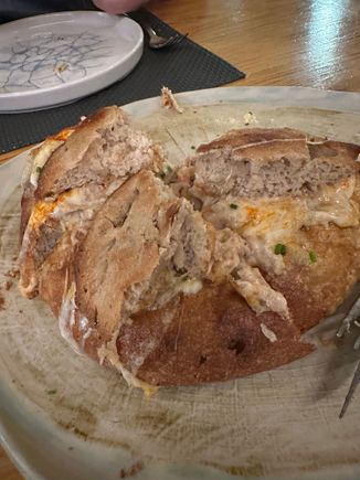 Close up of the cheese-and-chicharron-stuffed chestnut-flour bread