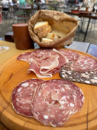 Our platter of Tuscan ham, pork and salami with bread