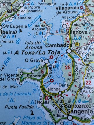 Closeup of the Isla de la Toxa, off O"Grove and close to both Pontevedra and Cambados.   On Sunday we will drive to Padron, inland, for lunch before returning to our La Toxa hotel.