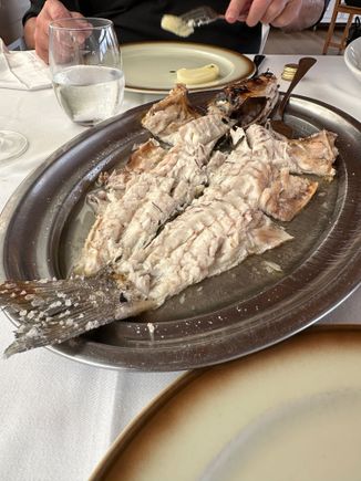 Grilled lubina for two, with olive oil and large flakes of salt...outstanding fish, one of the three best of the trip!!
