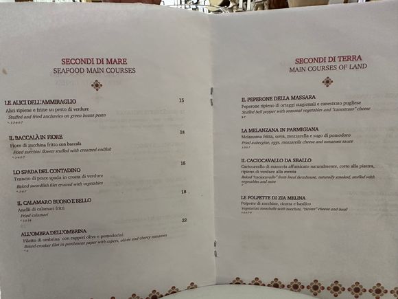 Menu at TERRANIMA, Bari