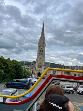 On the Bus near the start at Manver's Street.  That's St. John the Evangelist's Church in the background