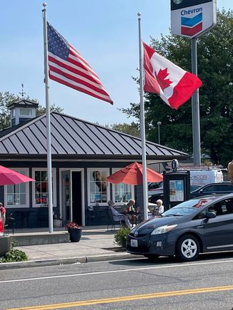 Visitor Center downtown Blaine. Flying our flag and our neighbor's.