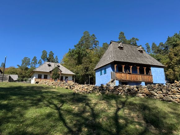 the blue house stood out amidst all the wooden structures