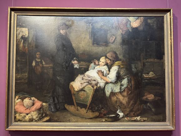 This painting is titled "Angel Maker". Unwanted babies were brought to institutions to be "looked after", without proper nourishment or healthy living conditions. The children were soon "lost". This is a radical, taboo subject for this time, even though depicting social problems were common. The dark colors are used to convey the horror of the scene.