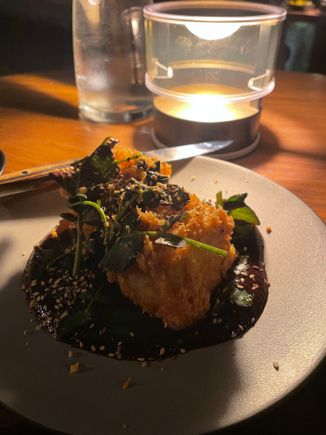 Tofu Mole - lightly fried Meiji tofu, "mole" of fermented black bean, dry chili, toasted almonds, peanuts, and golden raisins