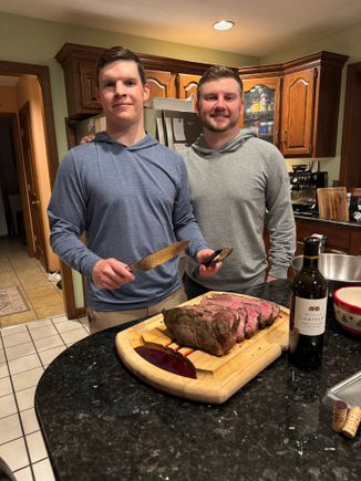 Two of the three nephews with an incredible strip stake roast. They know uncle Dave has a huge appetite, lol!