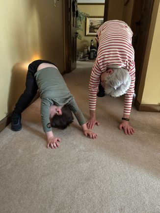 After doing the elliptical for a couple of hours, Joyce had him doing some yoga with a downward dog!