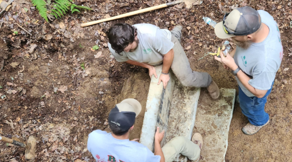 The first steps.  Each stone is 3 feet wide and 5.5 to 6 inches thick.