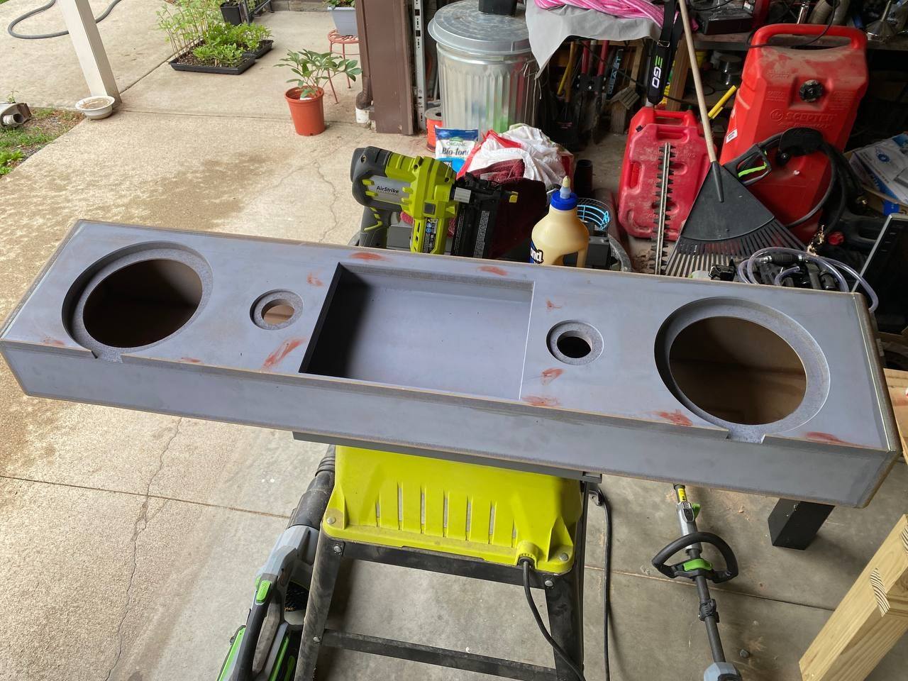 Amp Rack recessed with jacks and subs. Going flush, up firing.