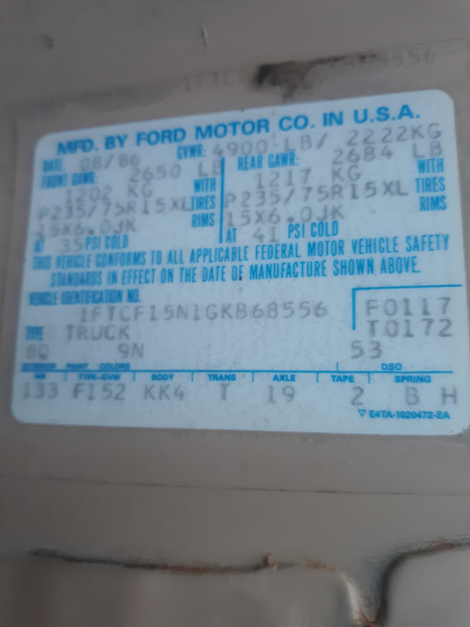 1986 F150 paint code question Ford Truck Enthusiasts Forums