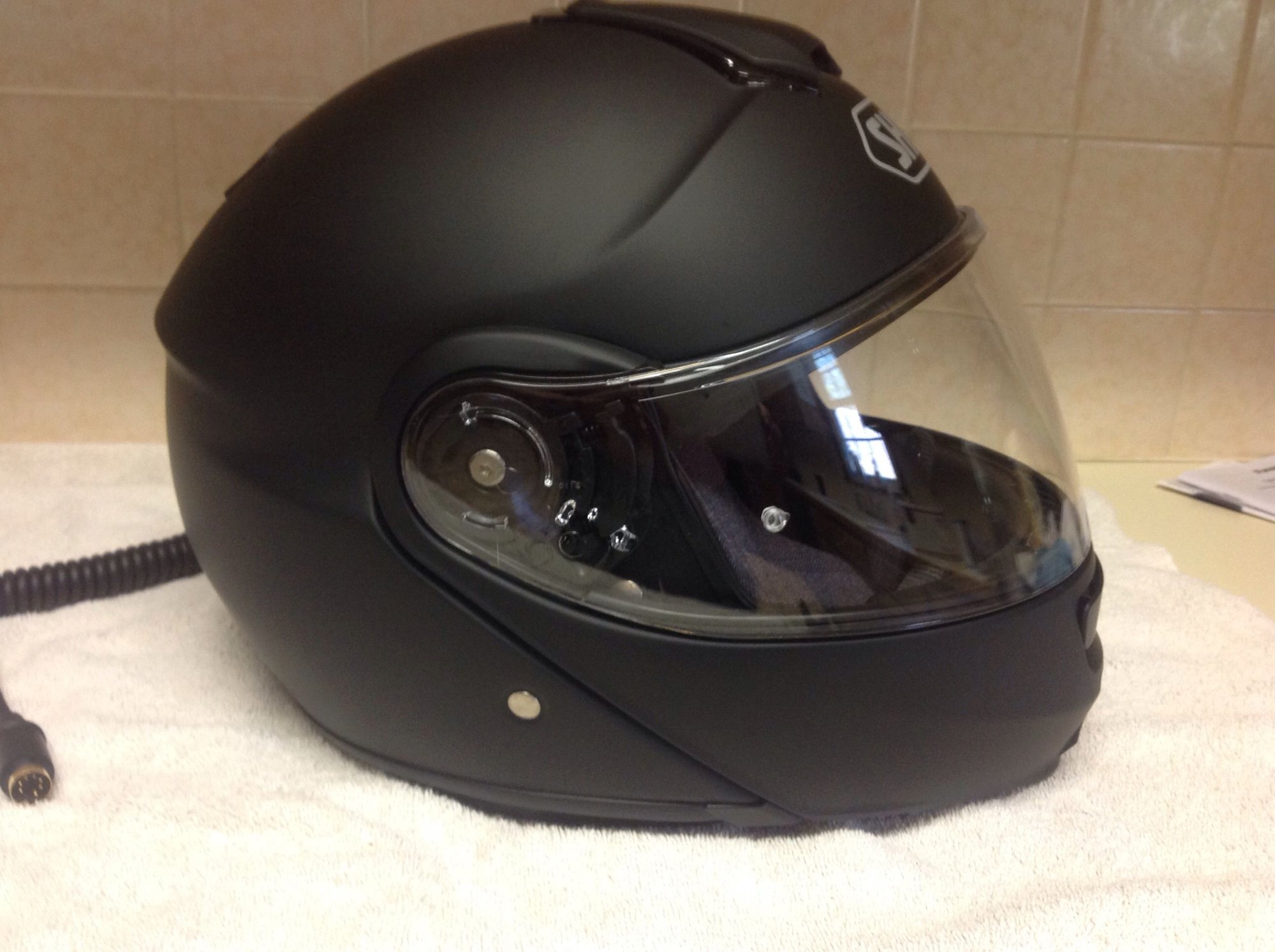 Shoei Matte Black Neotec helmet XXL with Ed Sets speakers, boom mic
