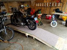 The carpet was a "remnant" from the local carpeting store. This came closest to covering everything. And since I bailed on the low-profile wheel pylons the deck is that much higher... necessitating a longer loading ramp.