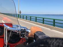 Mackinaw bridge heading north; view of Lake Huron on right (Lake Michigan on left)