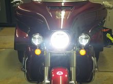 High beams (Low and High) on at a slight downward angle