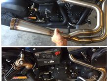 one-piece, mandrel-bent, Royal-T Racing 2-1 stainless steel motorsickle poopshooter.