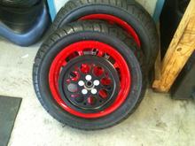 the rims and frame went red. when i saw the rims, before all the stuff was bolted on, i thought it was too much. but, with all of the pulleys and rotors, i was put back at ease.