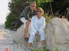 Pam &amp; I on our honeymoon at Kellys Island.  
note: The guy that took this picture was totally bombed, riding his bicycle around the island.  He was funny, we were happy, life was good!