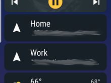 Android Auto's main screen: Cards represent what's playing, saved addresses for quick navigation and missed/last calls. The bottom row is "Home, Navigate, Phone, Music" icons from left to right.