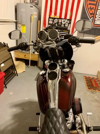 Bought this new gauge set-up from Speed-kings. Super pumped about the fit and finish. The filler anodized plugs are from hard case performance. Speed kings also sells the 45 degree spacers for the bolts for the pull back risers.