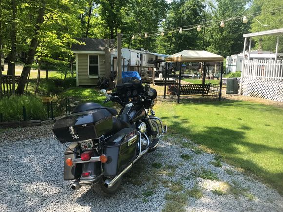 My camper. Creek runs behind it. Spending an extended holiday weekend here. Riding the back country roads all day long for the last few days. 