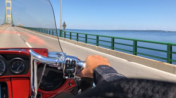 Mackinaw bridge heading north; view of Lake Huron on right (Lake Michigan on left)