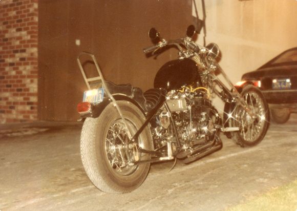 1971 Honda 750 chopper. Rigid frame, 12" over girder front end and car tire. 1980.