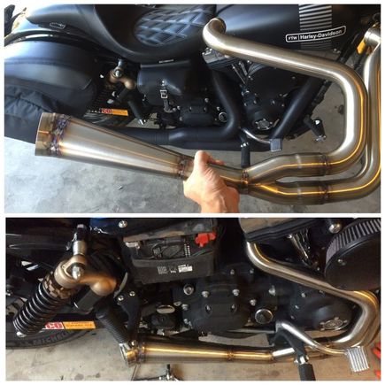 one-piece, mandrel-bent, Royal-T Racing 2-1 stainless steel motorsickle poopshooter.