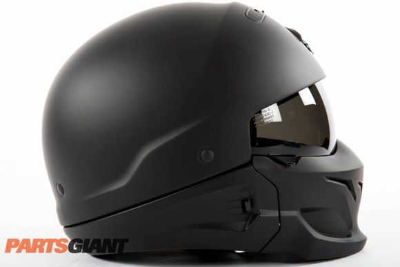 The full-face configuration, with visor down, of the Scorpion Covert helmet.