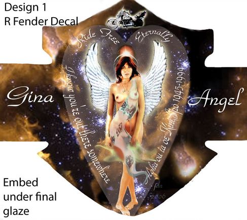 Fender Decal I designed to commemorate my beautiful wife, and life partner, Gini (Gina) who I lost to cancer in 1994. I printed it out on decal transfer paper, and sent it with the tins for Tom to install during the process. He did a great job!